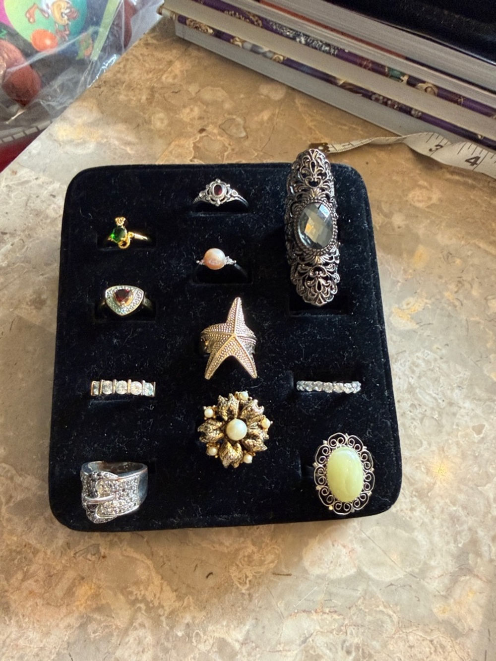 Vintage lot of 12 rings some with genuine stones some sterling some sized 50-90s